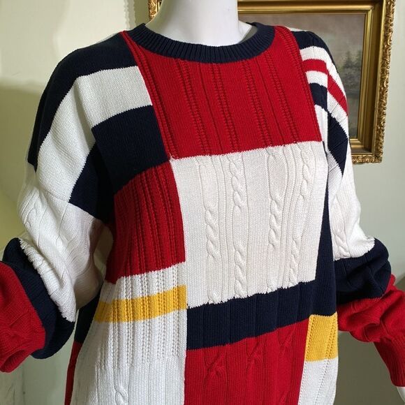 90’s Nautica Colour Block 100% Cotton Multi Colour Cable Knit Oversized Sweater - Picture 7 of 13